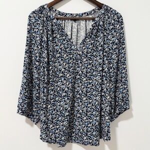 Jones‎ & Co Jones New York Floral Popover Blouse Womens Size 1X Navy and White